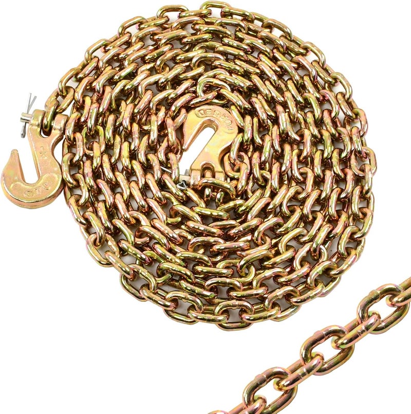 BIGREAT Heavy Duty G80 Transport Binder Chain 1/4'' Inch x 12 Feet,Tow Chain with G70 Clevis Grab Hooks,3300 lbs Safe Working Load Logging for Transporting, Towing(1/4'' x 12FT Yellow). - Image 1